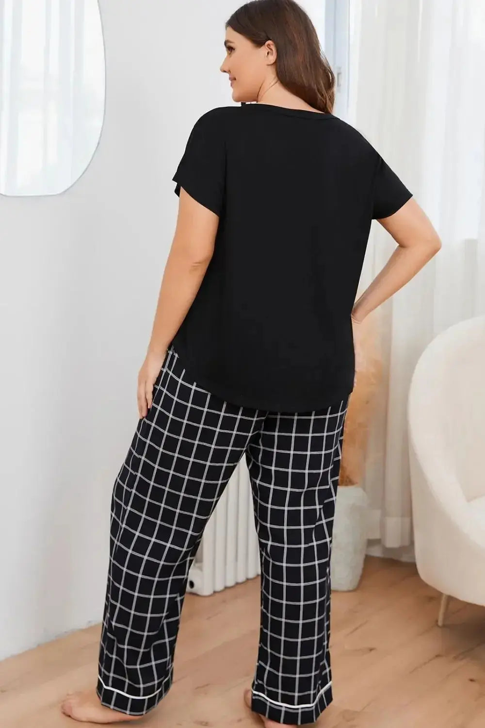 Plus Size V-Neck Top and Plaid Pants Lounge Set - Plush Fashion Hub