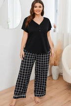 Plus Size V-Neck Top and Plaid Pants Lounge Set - Plush Fashion Hub