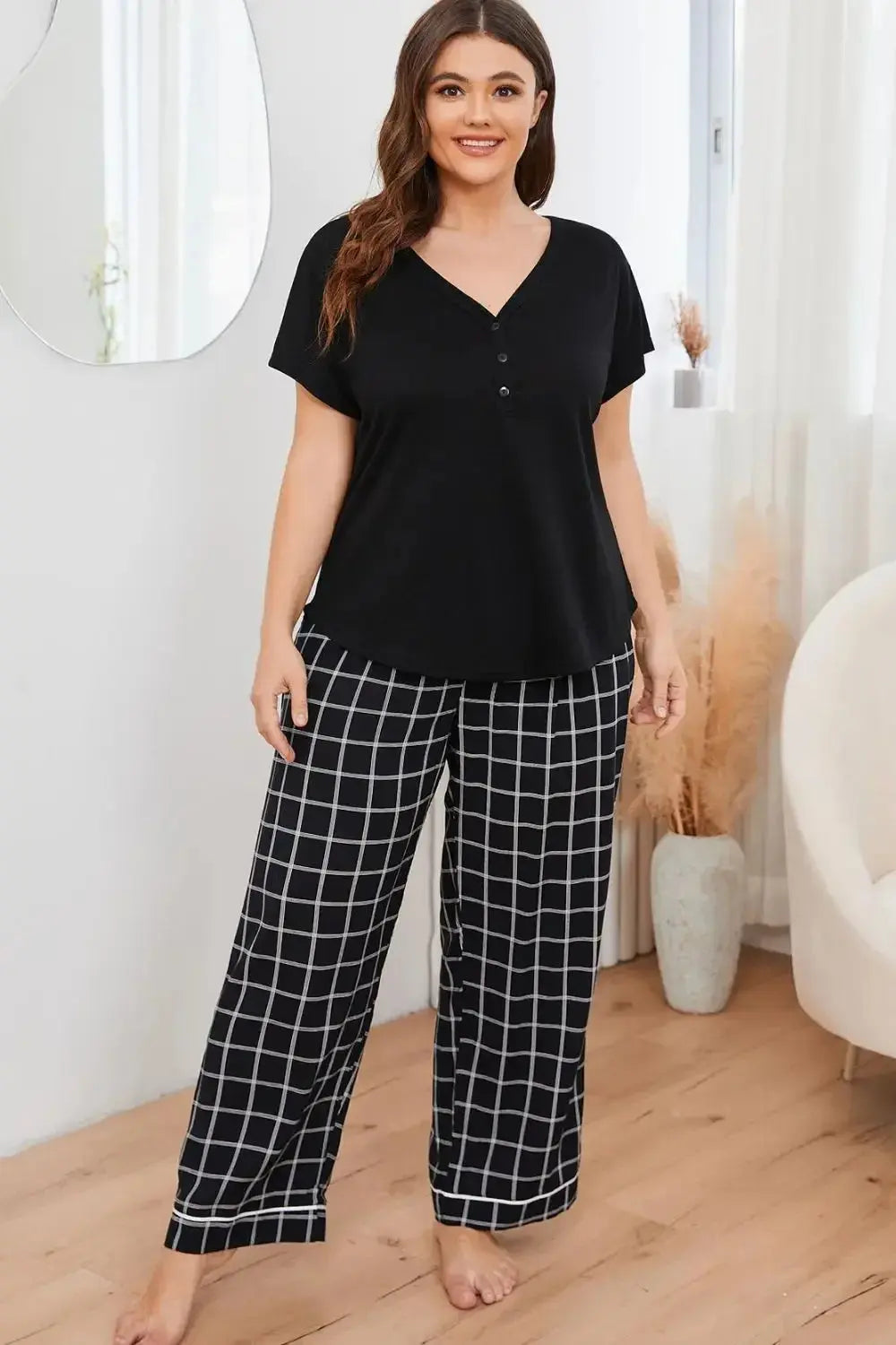 Plus Size V-Neck Top and Plaid Pants Lounge Set - Plush Fashion Hub