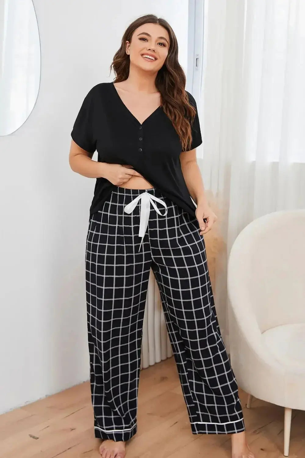 Plus Size V-Neck Top and Plaid Pants Lounge Set - Plush Fashion Hub