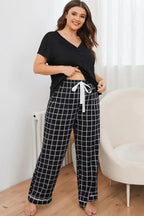 Plus Size V-Neck Top and Plaid Pants Lounge Set - Plush Fashion Hub
