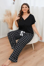 Plus Size V-Neck Top and Plaid Pants Lounge Set - Plush Fashion Hub
