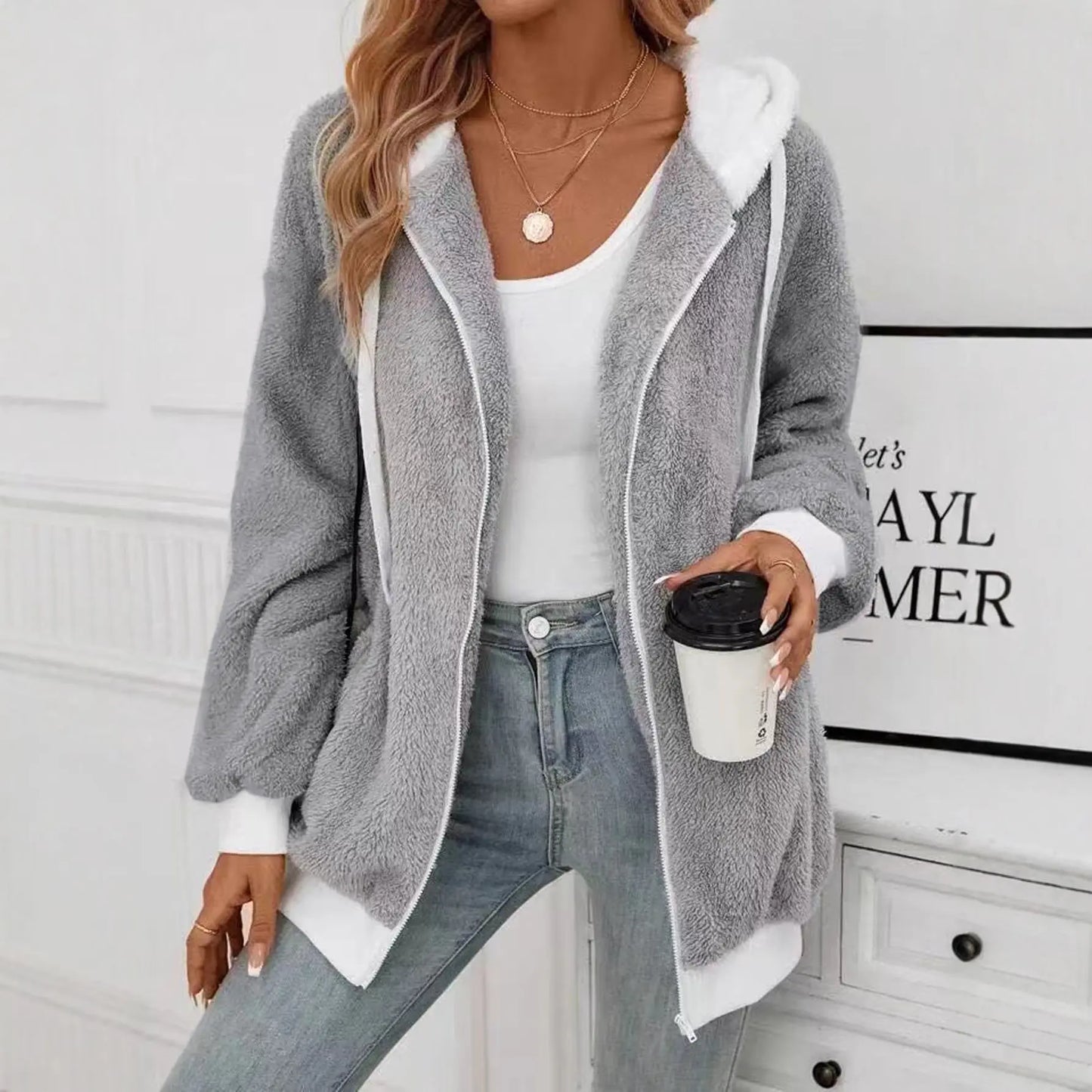 Popular Color Matching Double Sided Plush Zipper Cardigan Casual Women Autumn Winter Plush Coat Perfecsy