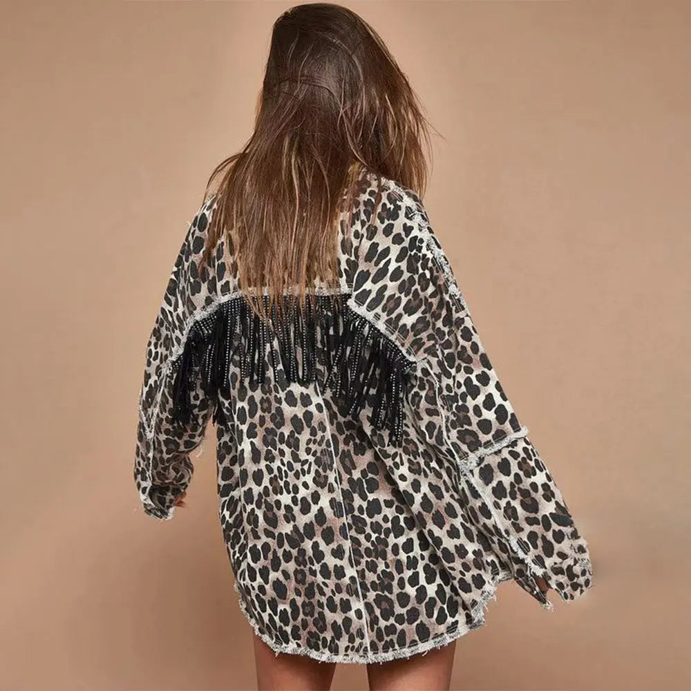 Popular Leopard Print Denim Jacket Fall Winter Trend Washed Distressed Tassel Denim Jacket Perfecsy