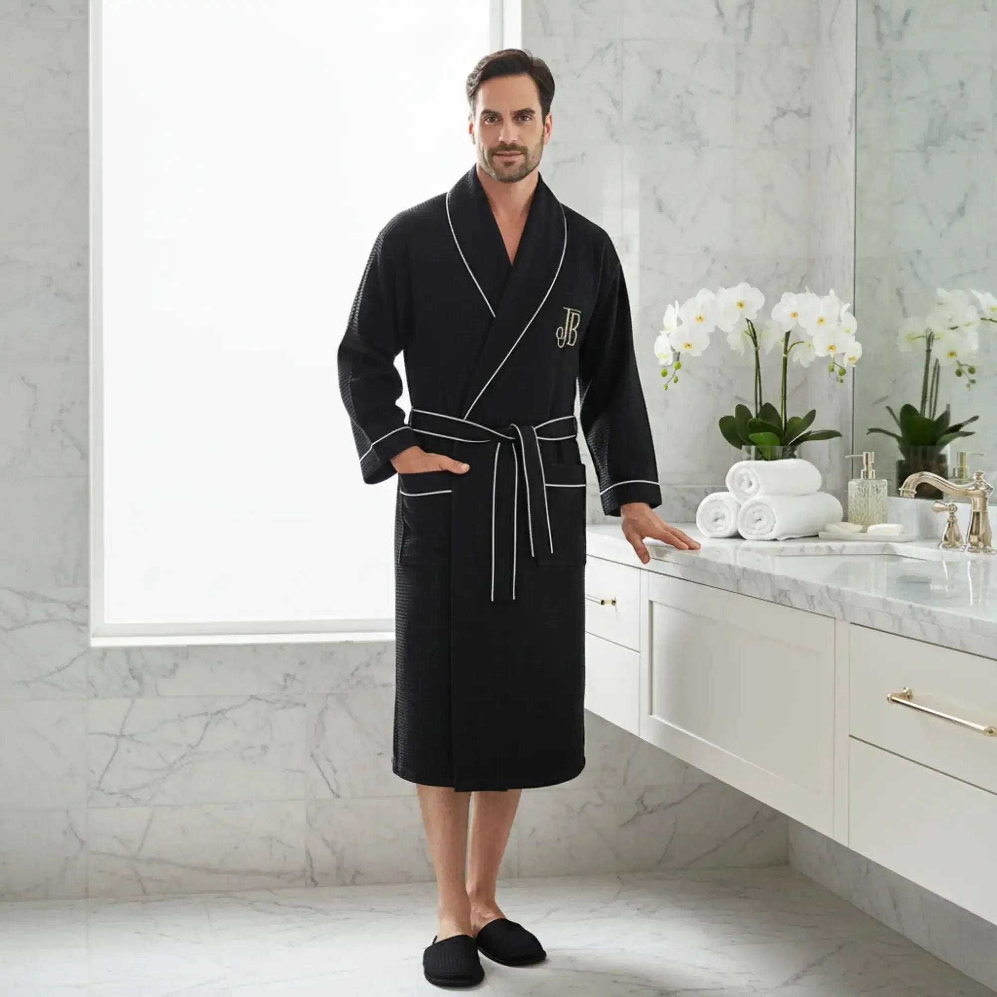 Premium Waffle Piping Robe for Men - Plush Fashion Hub