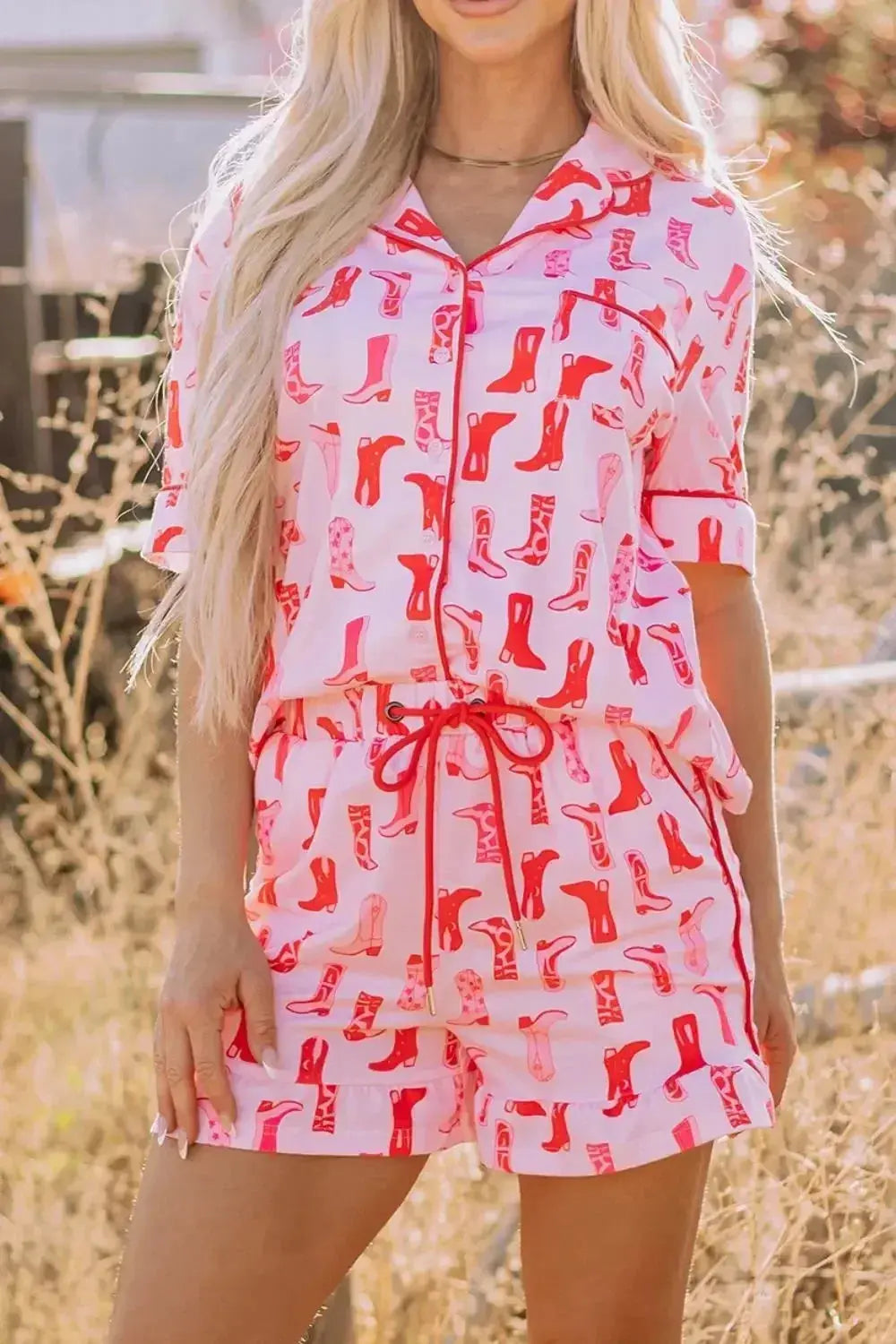 Printed Shirt and Shorts Pajama Set - Plush Fashion Hub