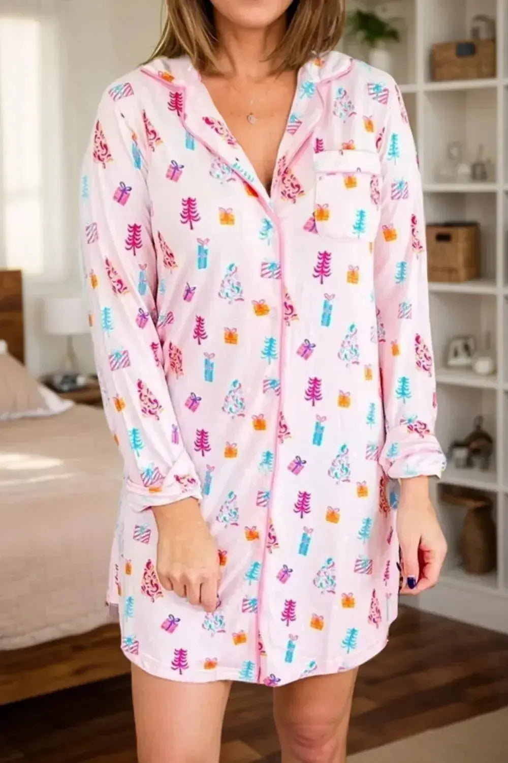 Printed Collared Neck Long Sleeve Lounge Dress - Plush Fashion Hub