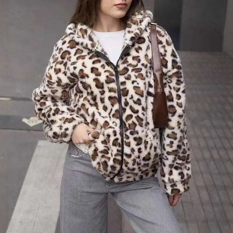 Printing Double Sided Plush Zipper Hooded Cardigan Casual Autumn Winter Women Plush Coat Perfecsy