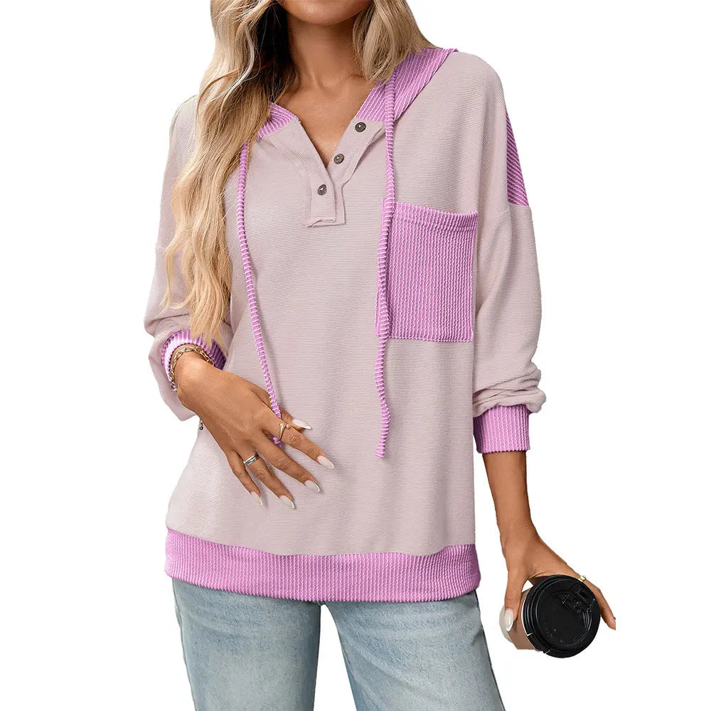 Pullover Women Clothing Autumn Winter Women Contrast Color Twist Strip Hooded Sweater Perfecsy