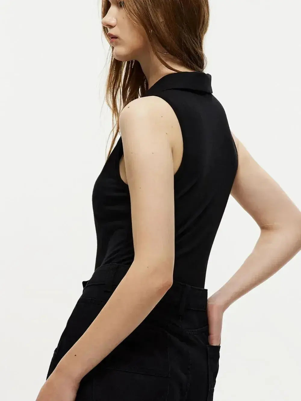 Quarter Zip Collared Neck Sleeveless Bodysuit - Plush Fashion Hub