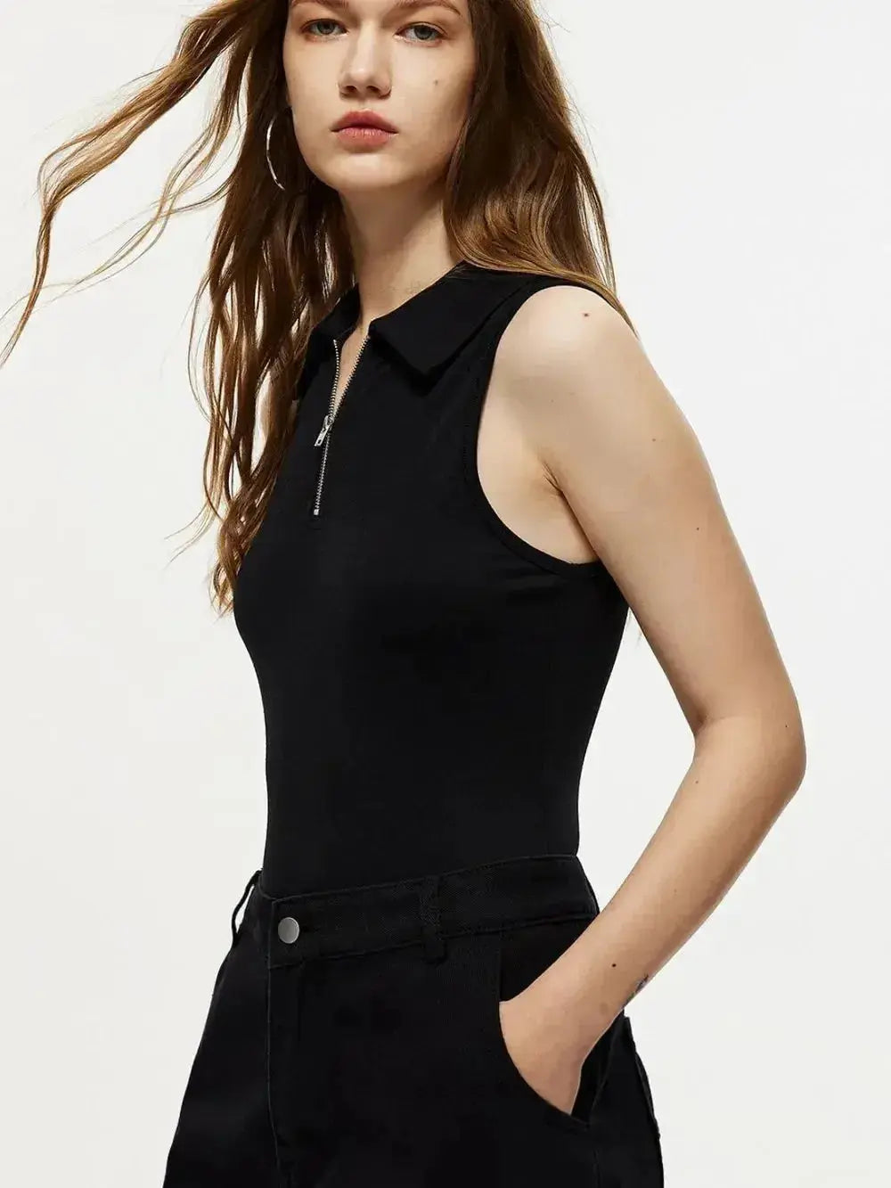Quarter Zip Collared Neck Sleeveless Bodysuit - Plush Fashion Hub