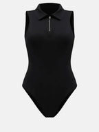 Quarter Zip Collared Neck Sleeveless Bodysuit - Plush Fashion Hub