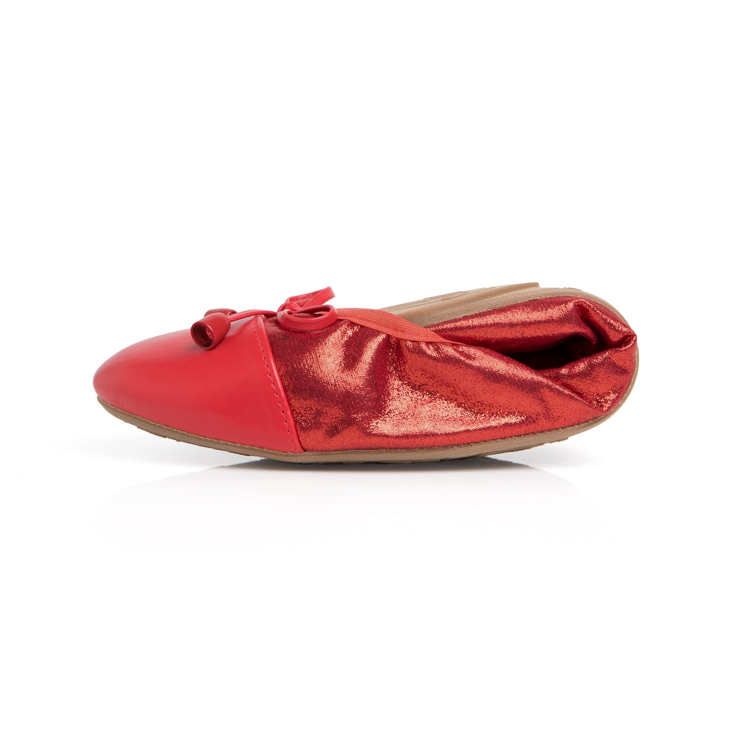 Premium ruby red ballet flats with a smooth toe cap, metallic finish body, and a decorative front bow.