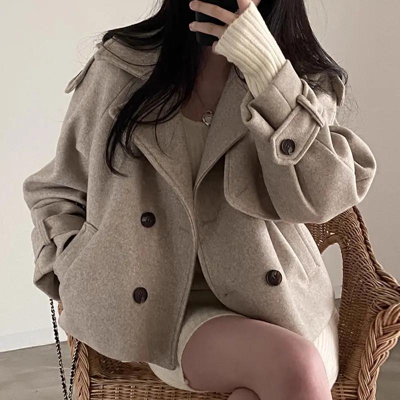 Retro Lapel Collar Double-breasted Pocket Woolen Coat PAINEVIDA