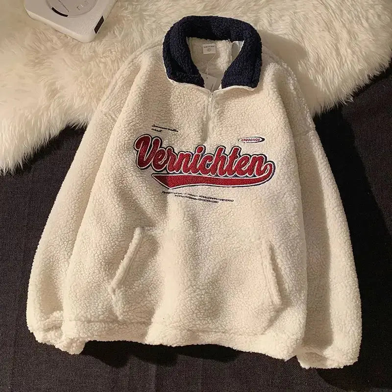 Retro Lapels Embroidery Half Zipper Cashmere Hoodie - Plush Fashion Hub