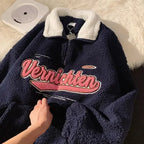 Retro Lapels Embroidery Half Zipper Cashmere Hoodie - Plush Fashion Hub