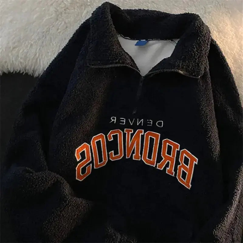 Retro Lapels Embroidery Half Zipper Cashmere Hoodie - Plush Fashion Hub