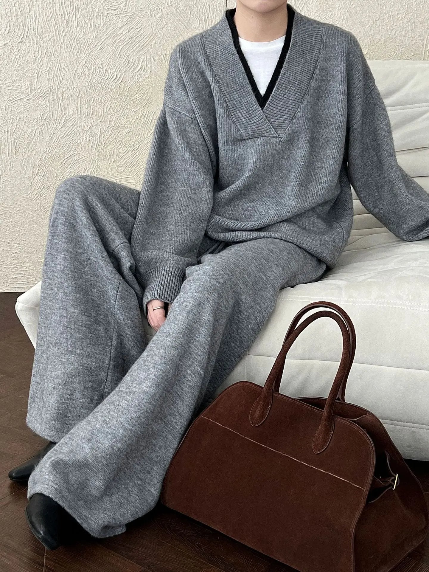 Retro Loose Splicing V-neck Sweater + Wide-leg Pants Suit Plush Fashion Hub