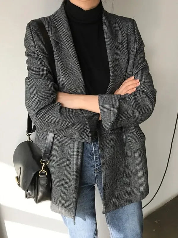 Retro Plaid Lapel Pocket Blazer - Plush Fashion Hub