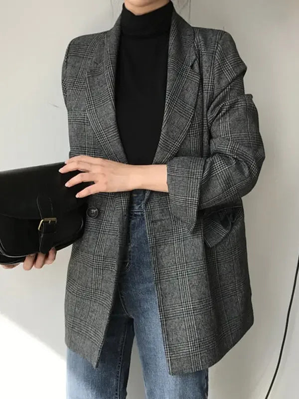 Retro Plaid Lapel Pocket Blazer - Plush Fashion Hub