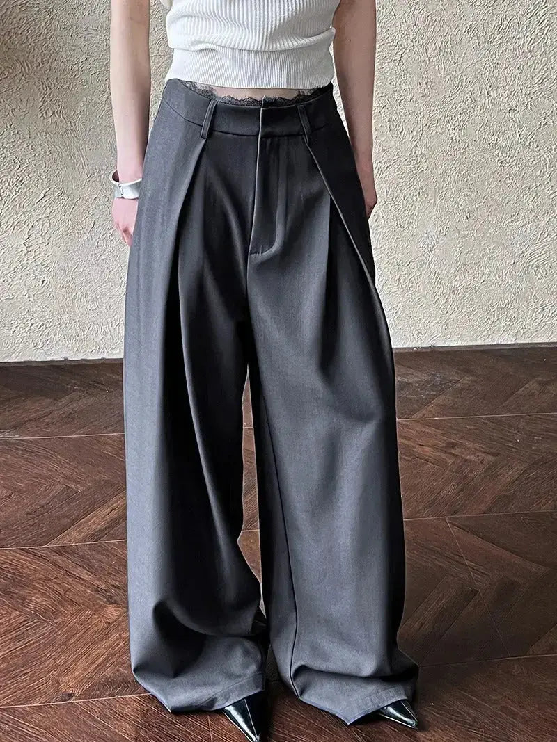 Lace-paneled Wide-leg Suit Pants - Plush Fashion Hub