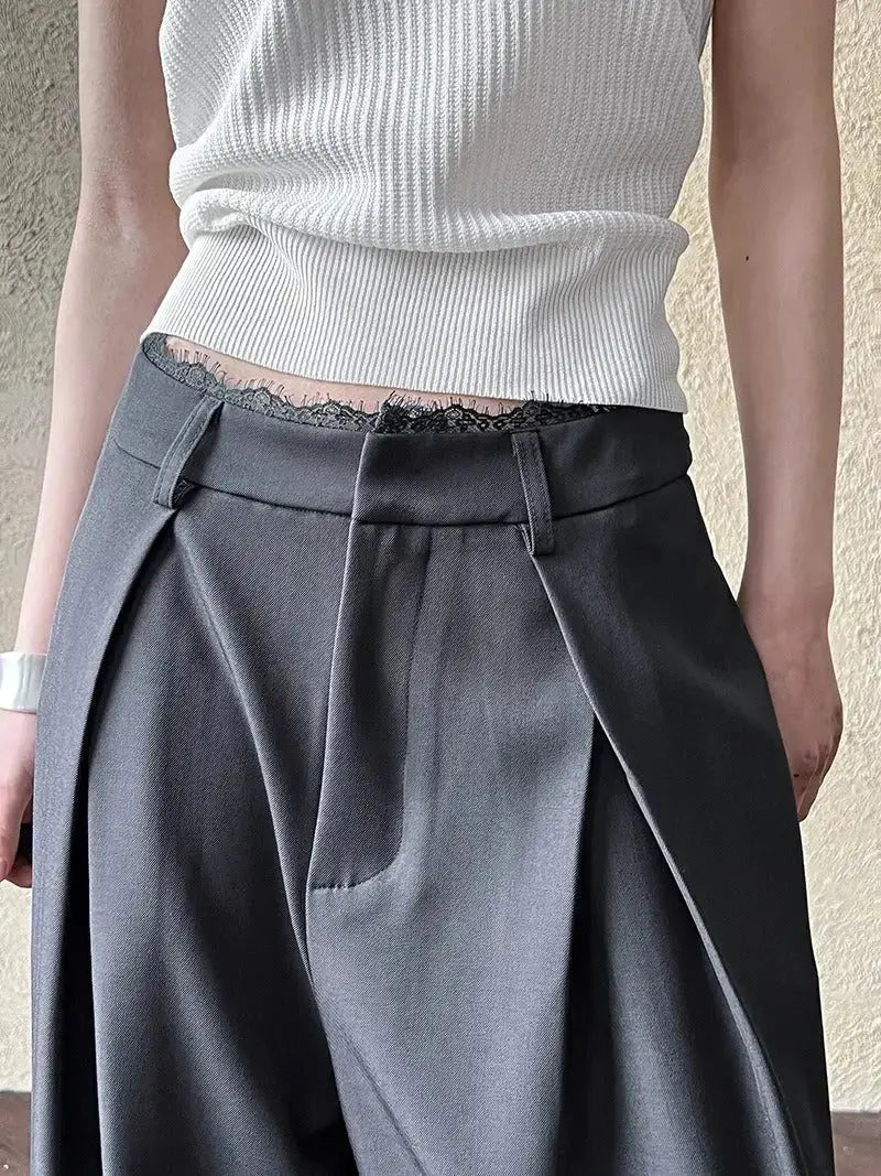 Lace-paneled Wide-leg Suit Pants - Plush Fashion Hub