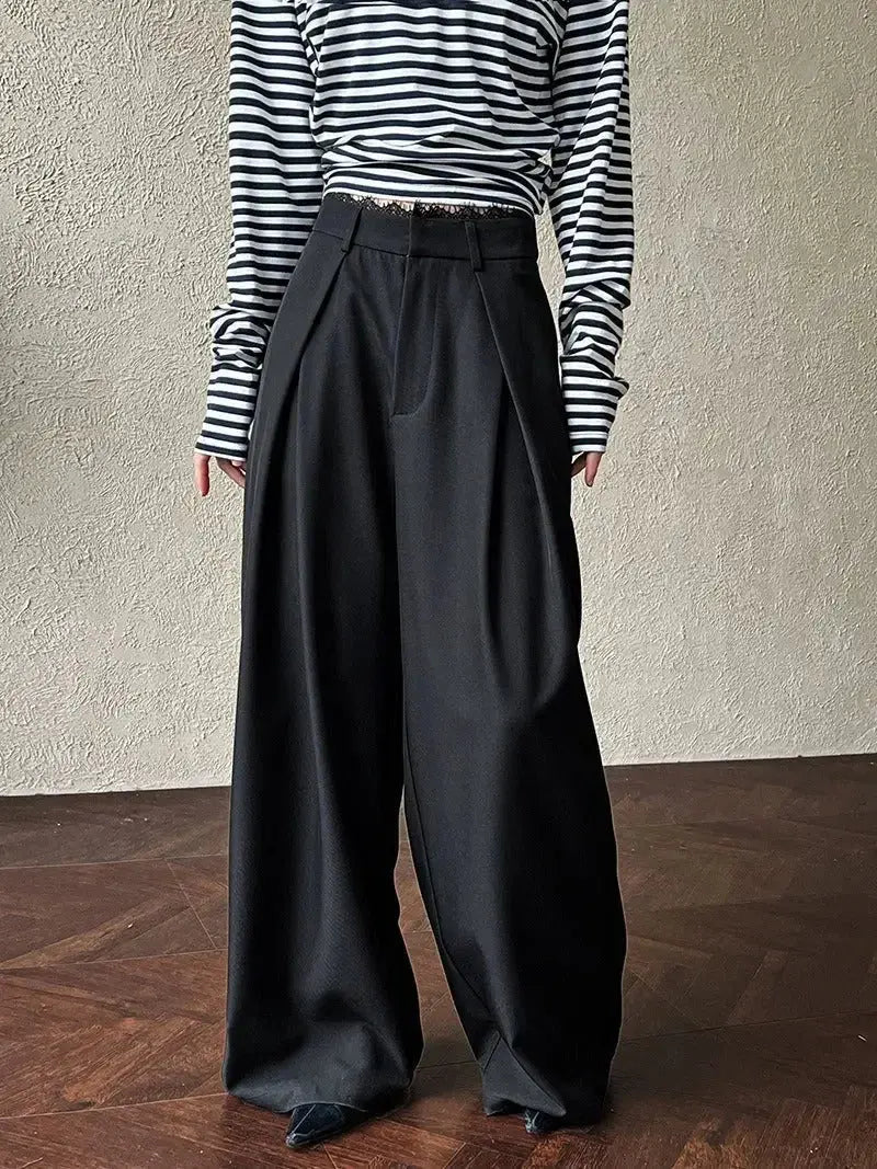 Lace-paneled Wide-leg Suit Pants - Plush Fashion Hub