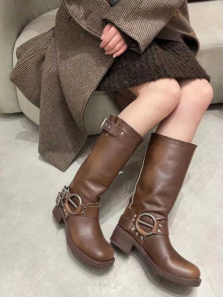 Retro Studded Knight Chunky Heel Boots PAINEVIDA 79.99