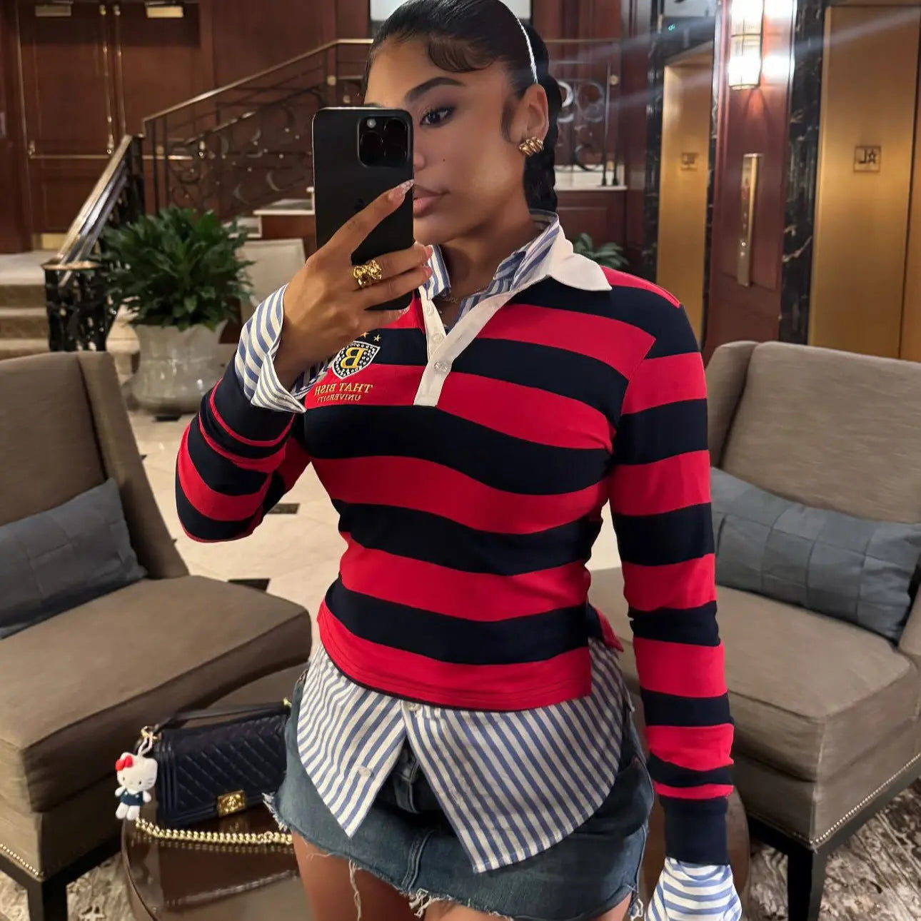 Retro Trend Loose Casual Striped Contrast Color Lapels Polo Shirt Top Sweater Women Plush Fashion Hub