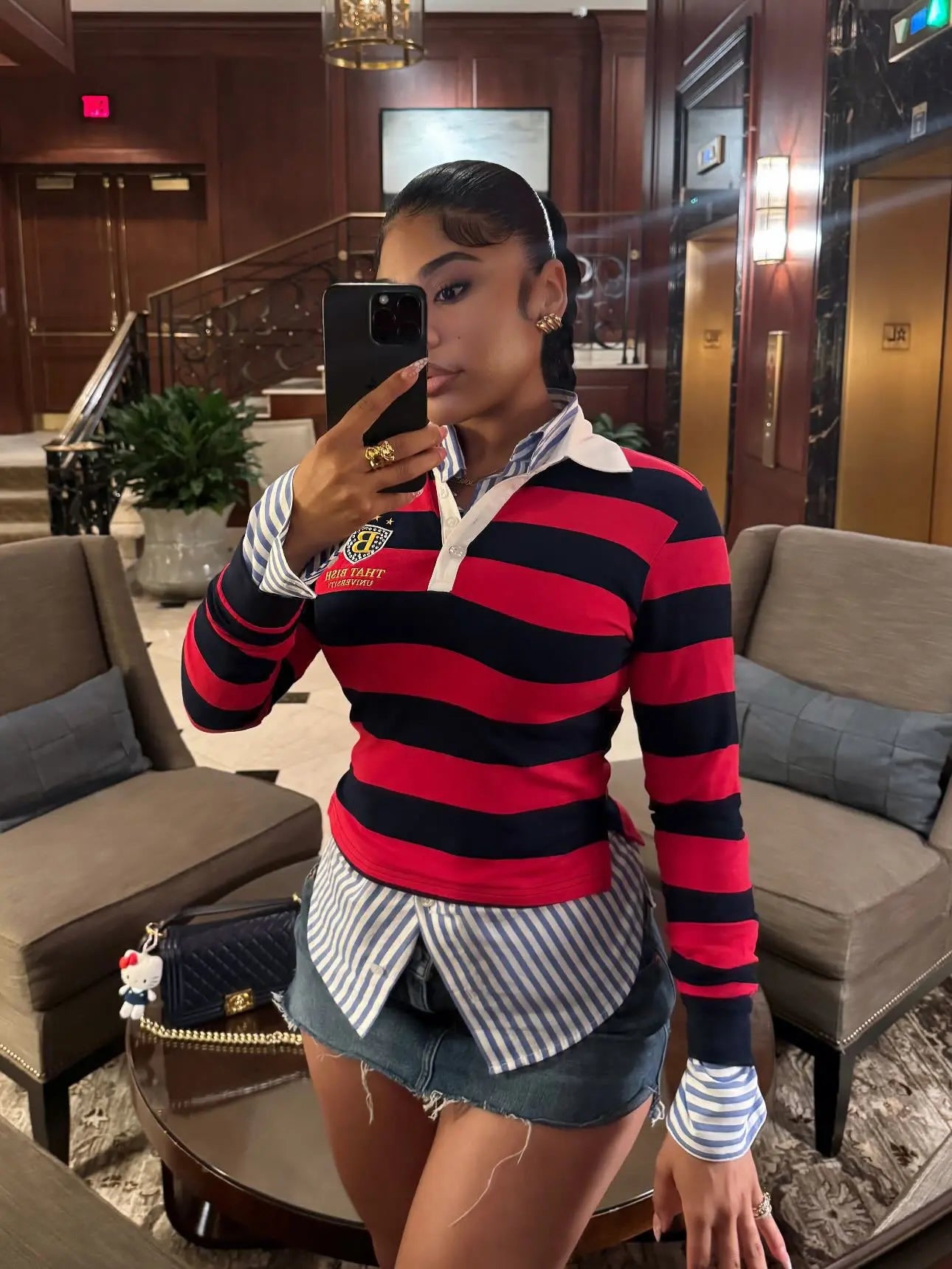 Retro Trend Loose Casual Striped Contrast Color Lapels Polo Shirt Top Sweater Women Plush Fashion Hub