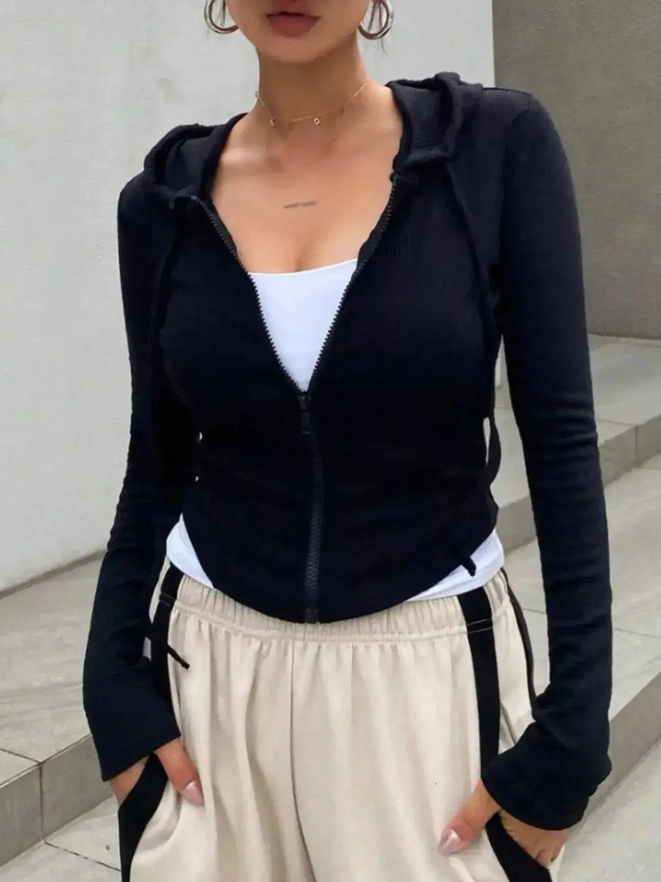 Ribbed Knit Cropped Zip-Up Outerwear - Plush Fashion Hub