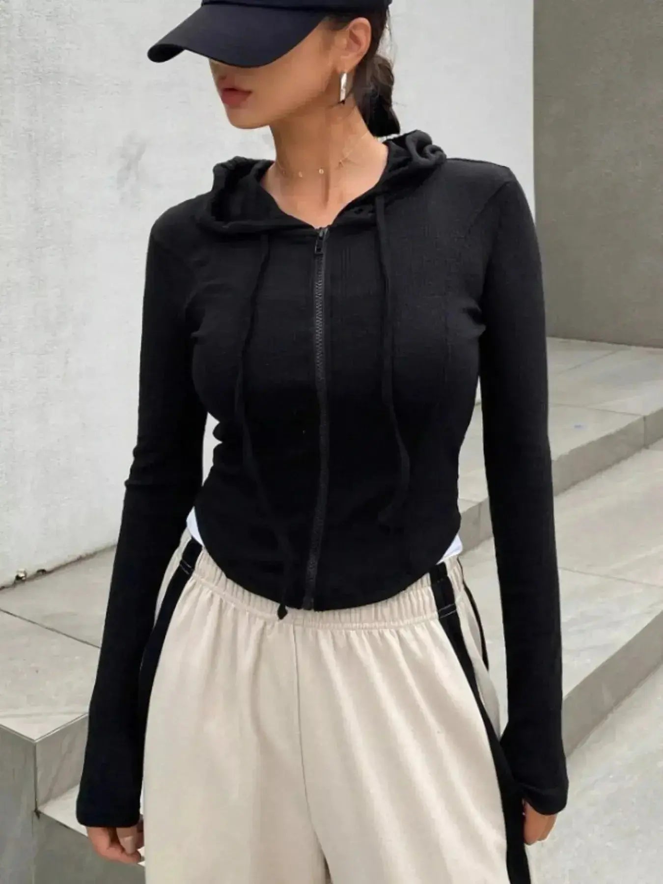 Ribbed Knit Cropped Zip-Up Outerwear - Plush Fashion Hub
