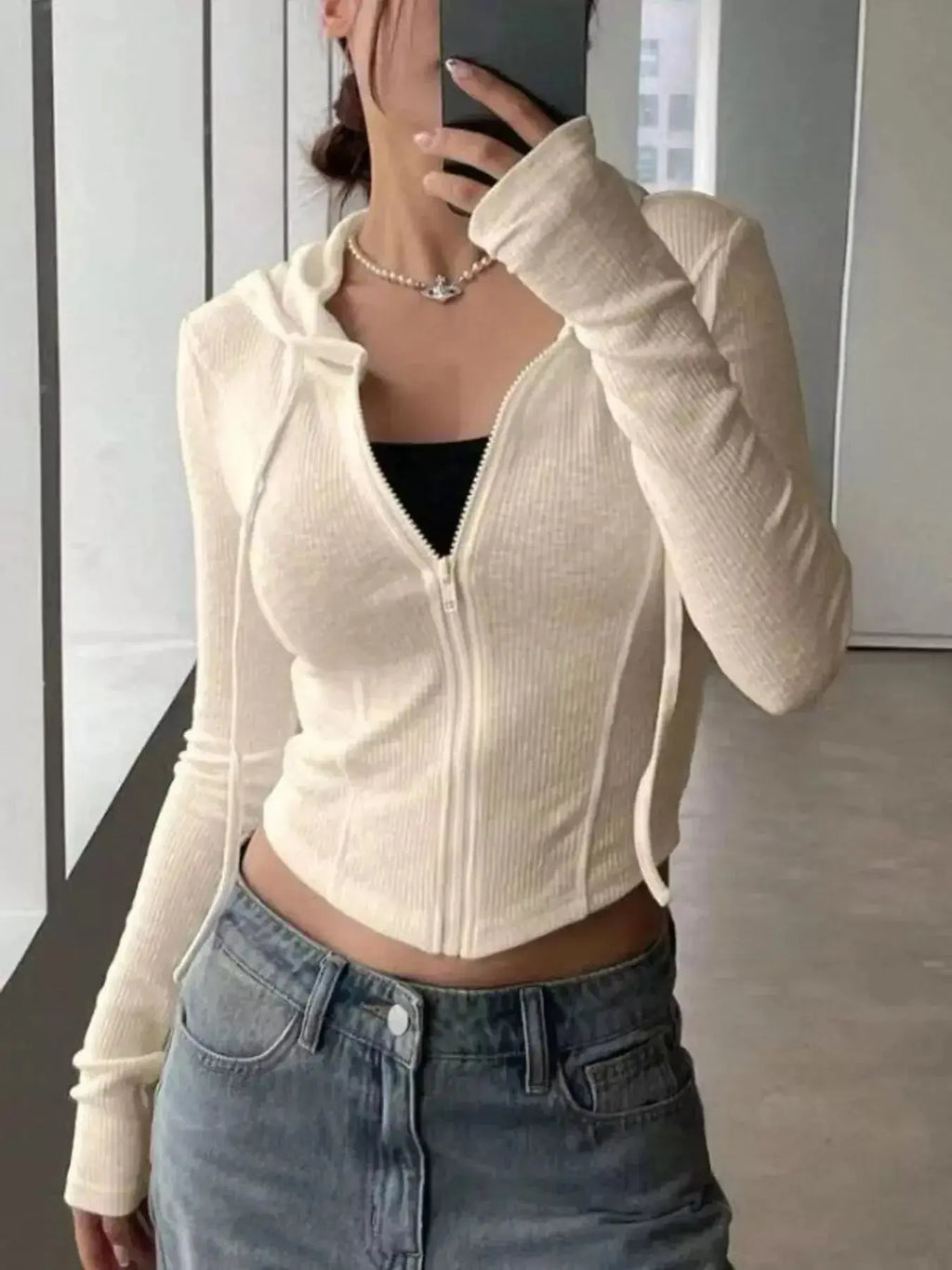Ribbed Knit Cropped Zip-Up Outerwear - Plush Fashion Hub