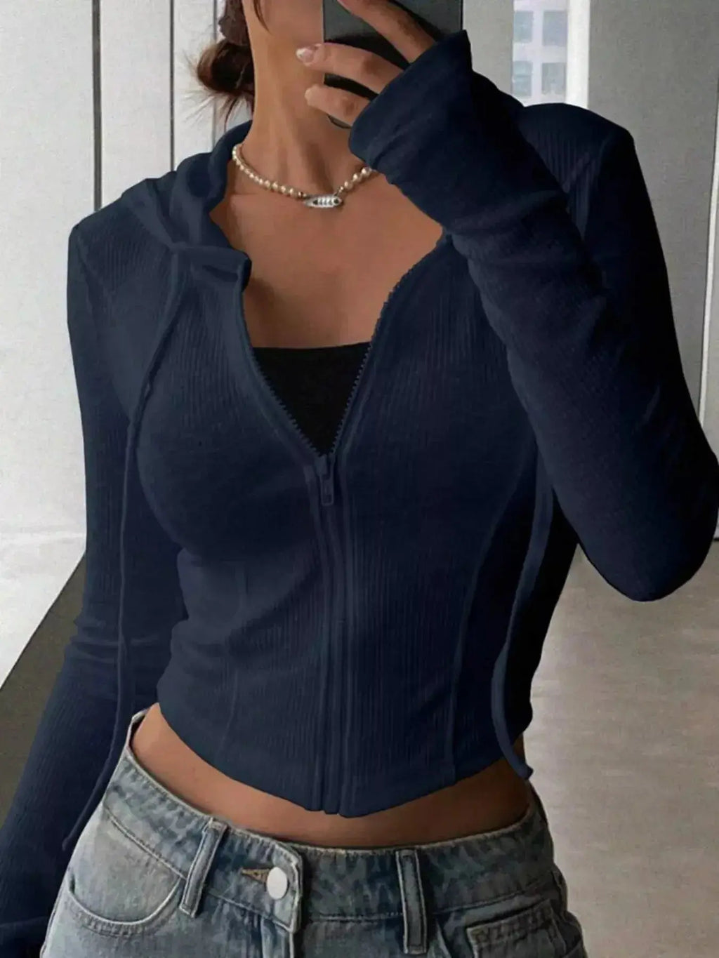 Ribbed Knit Cropped Zip-Up Outerwear - Plush Fashion Hub
