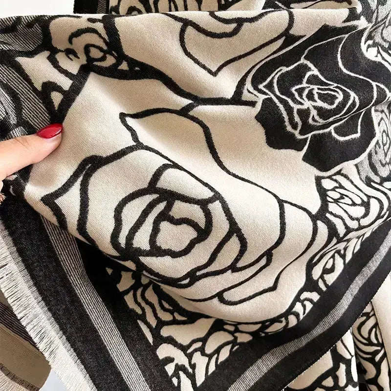 Rose Pattern Fringe Scarf - Luxe Polyester Winter Wrap - Plush Fashion Hub