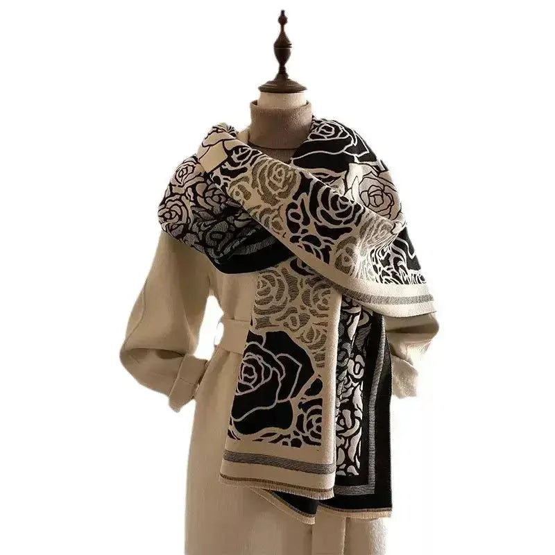 Rose Pattern Fringe Scarf - Luxe Polyester Winter Wrap - Plush Fashion Hub