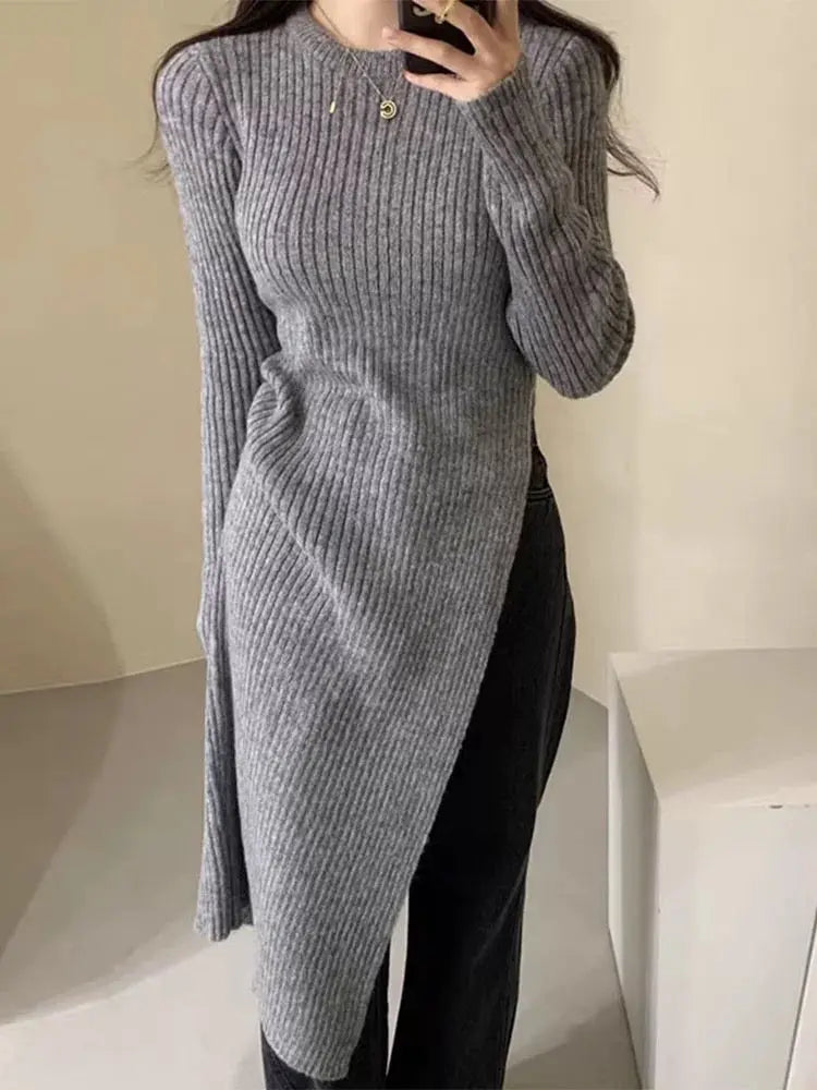 Round Neck Irregular Slit Knit Dress Plush Fashion Hub