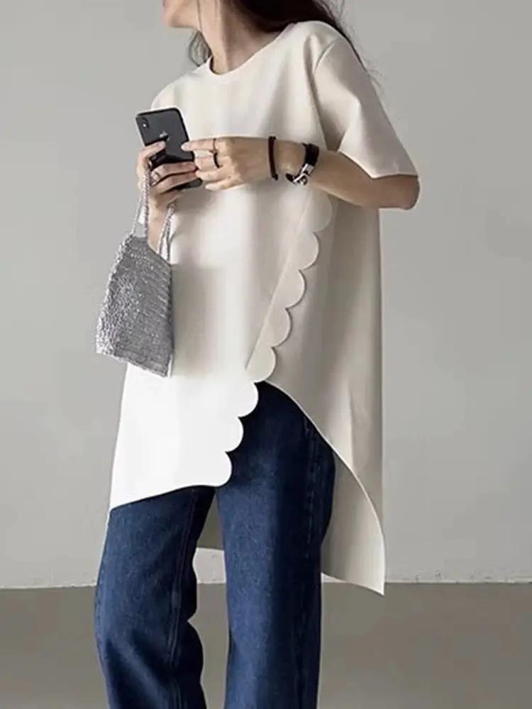 Round Neck Irregular Wave Lace Slit Short Sleeves Shirt Plush Fashion Hub