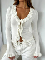 Ruffled Tie Front Flare Sleeve Shirt - Plush Fashion Hub