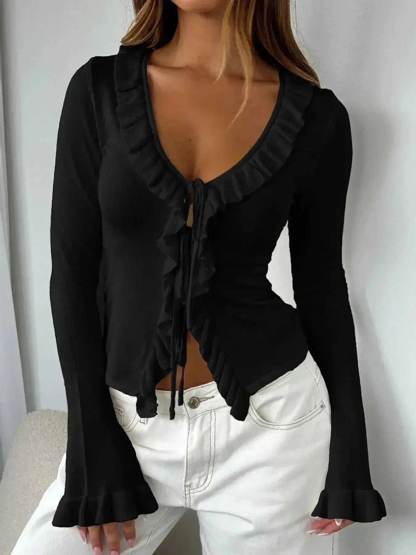 Ruffled Tie Front Flare Sleeve Shirt - Plush Fashion Hub