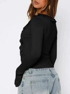 Ruffled Tie Front Flare Sleeve Shirt - Plush Fashion Hub