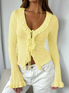 Ruffled Tie Front Flare Sleeve Shirt - Plush Fashion Hub