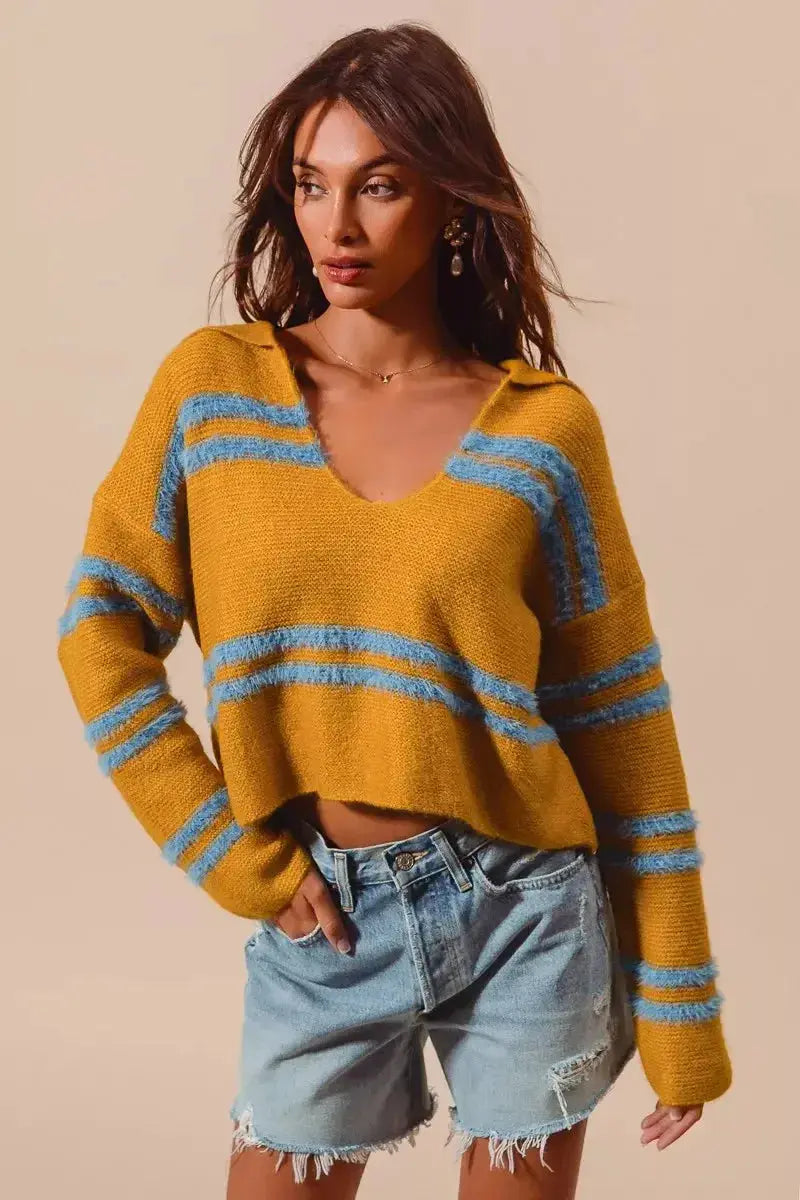 SO ME Fuzzy Hairy Stripe Deep U Neck Swetaer - Plush Fashion Hub