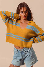 SO ME Fuzzy Hairy Stripe Deep U Neck Swetaer - Plush Fashion Hub