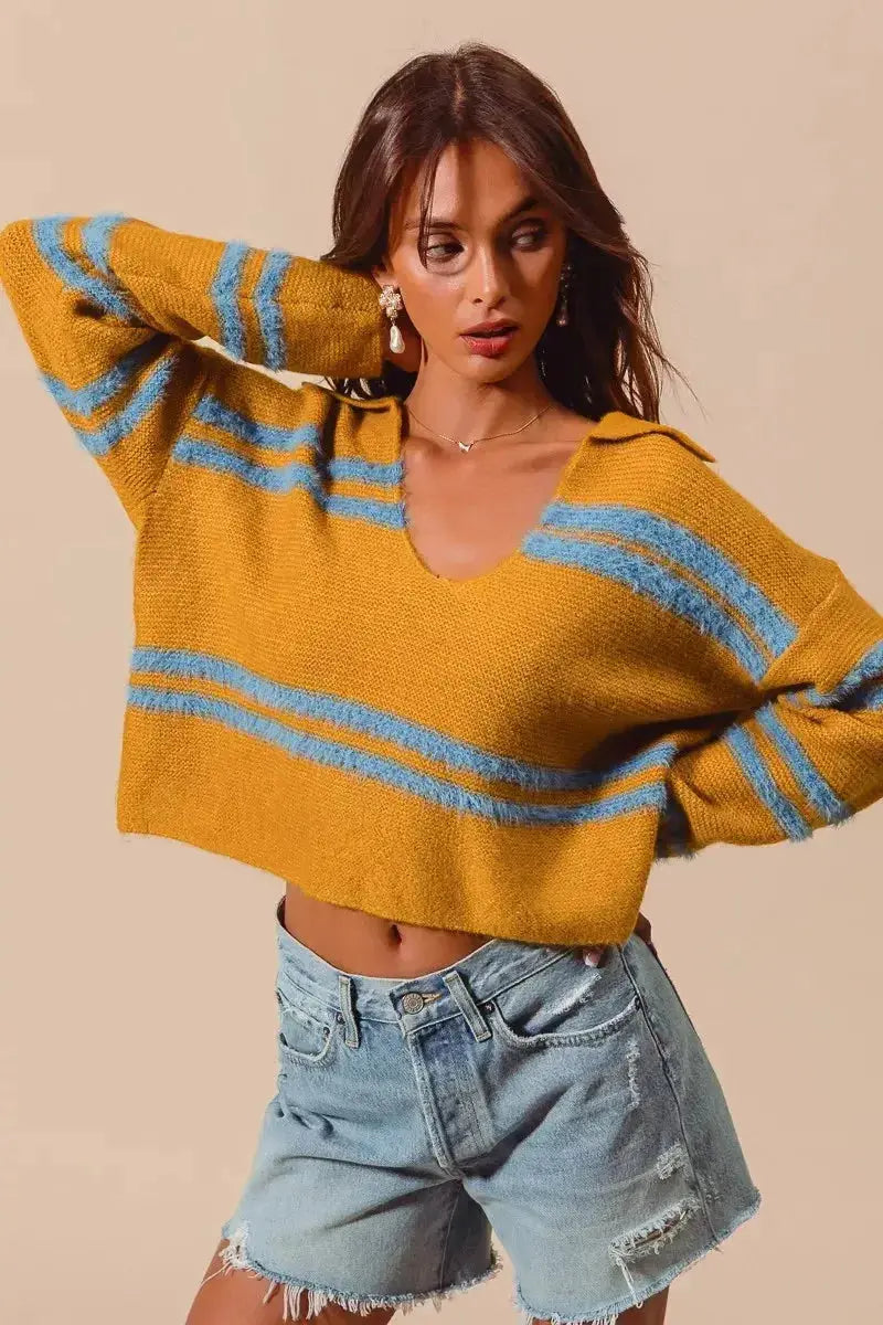 SO ME Fuzzy Hairy Stripe Deep U Neck Swetaer - Plush Fashion Hub