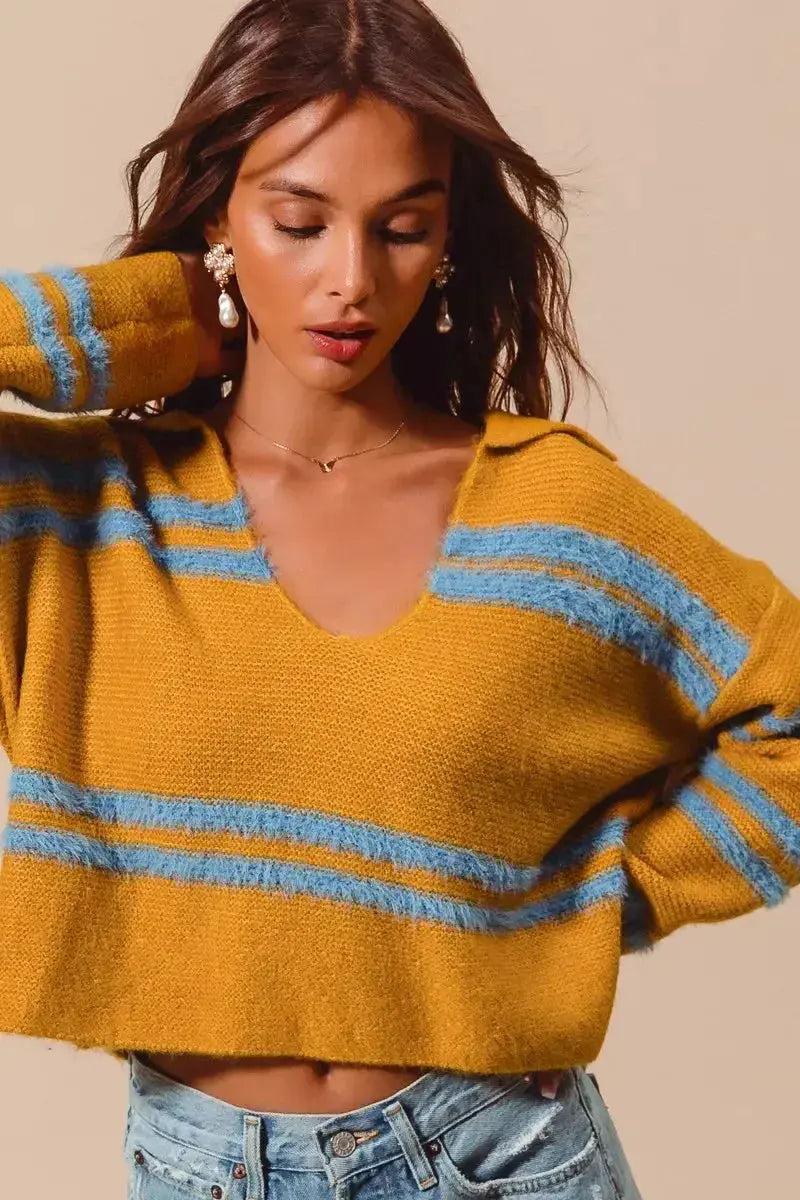 SO ME Fuzzy Hairy Stripe Deep U Neck Swetaer - Plush Fashion Hub