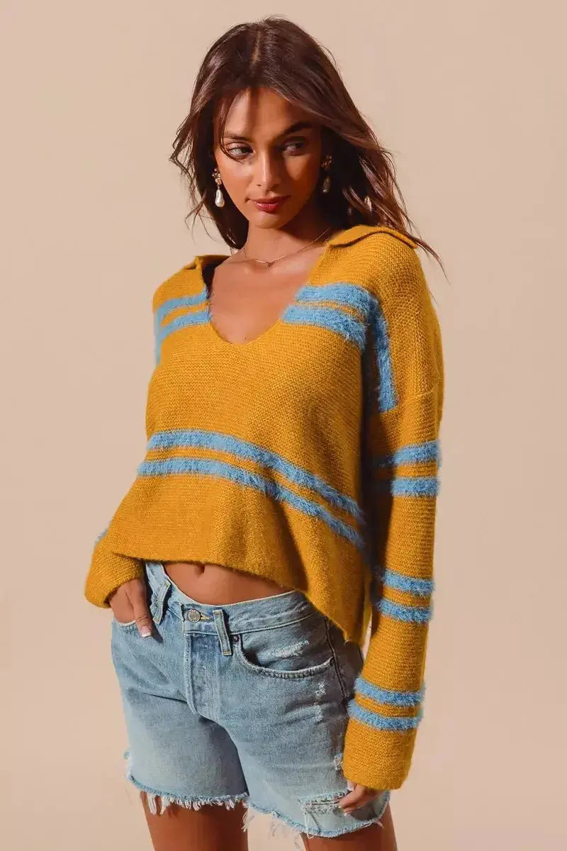 SO ME Fuzzy Hairy Stripe Deep U Neck Swetaer - Plush Fashion Hub