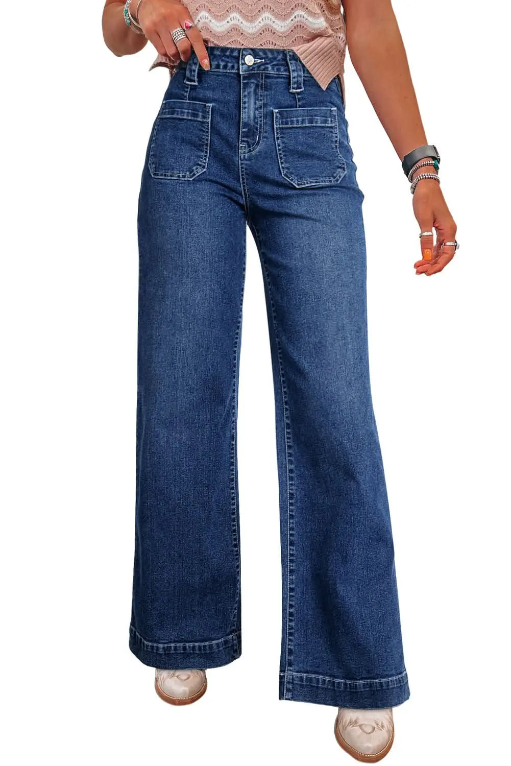 Sail Blue High Waist Wide Leg Jeans With Patch Pockets Gilded Glamour Shop