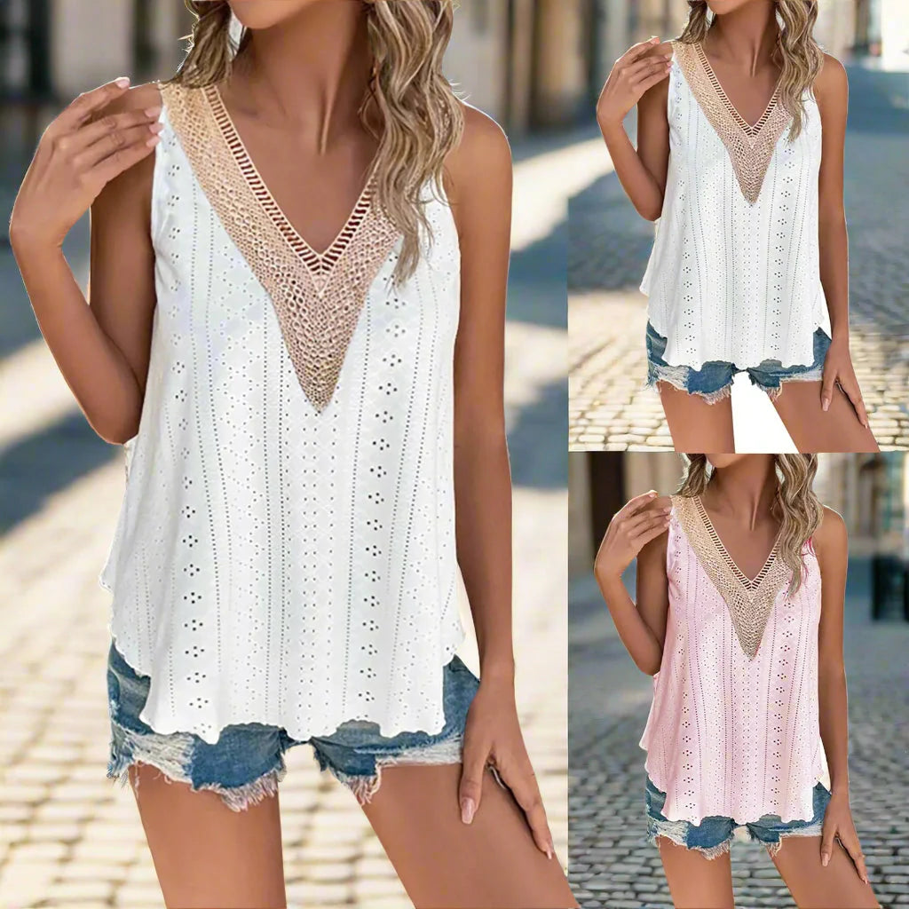 White and light pink sleeveless V-neck tops with eyelet fabric and tan crochet-style lace trim.