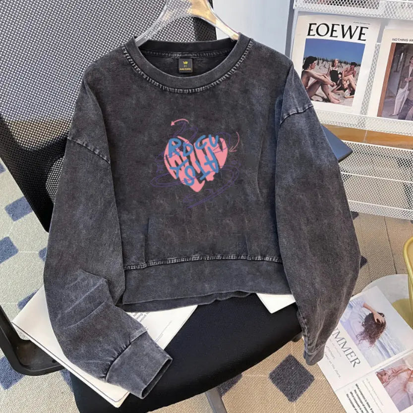 Sexy Retro Washed Short round Neck Long Sleeve Fall Winter All Match Slimming Sweatshirt T shirt Top Perfecsy